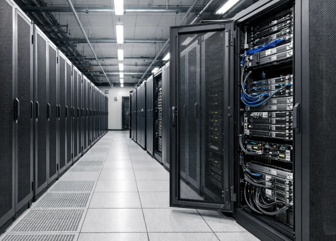 Server corridor glowing green